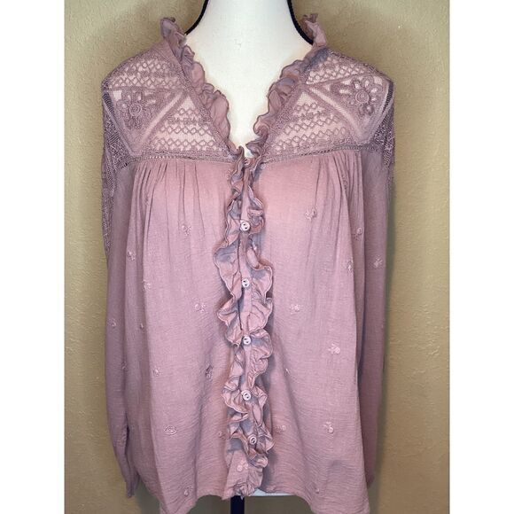 Forever that Girl by Anthropology Dusty Pink Lace Blouse, Ruffles,‎ Button Down - Picture 1 of 7